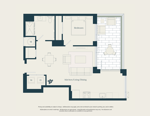 Floor plan for 1 bed, 1 bath, 739 sqft
